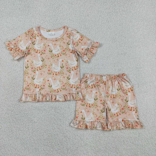 Baby Girls Kids Short Sleeves Goose Flower Shirt Shorts Summer Clothes Set RTS