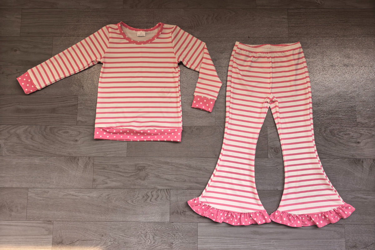 ( No moq ) Preorder Baby Girls Kids Long Sleeves Pink Stripes Shirt Ruffle Pants Set Clothes
