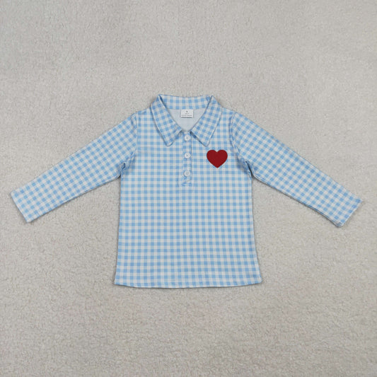 Boys Kids Long Sleeves Embroidery Heart Blue Plaid Valentine's Day Buttons Shirt RTS