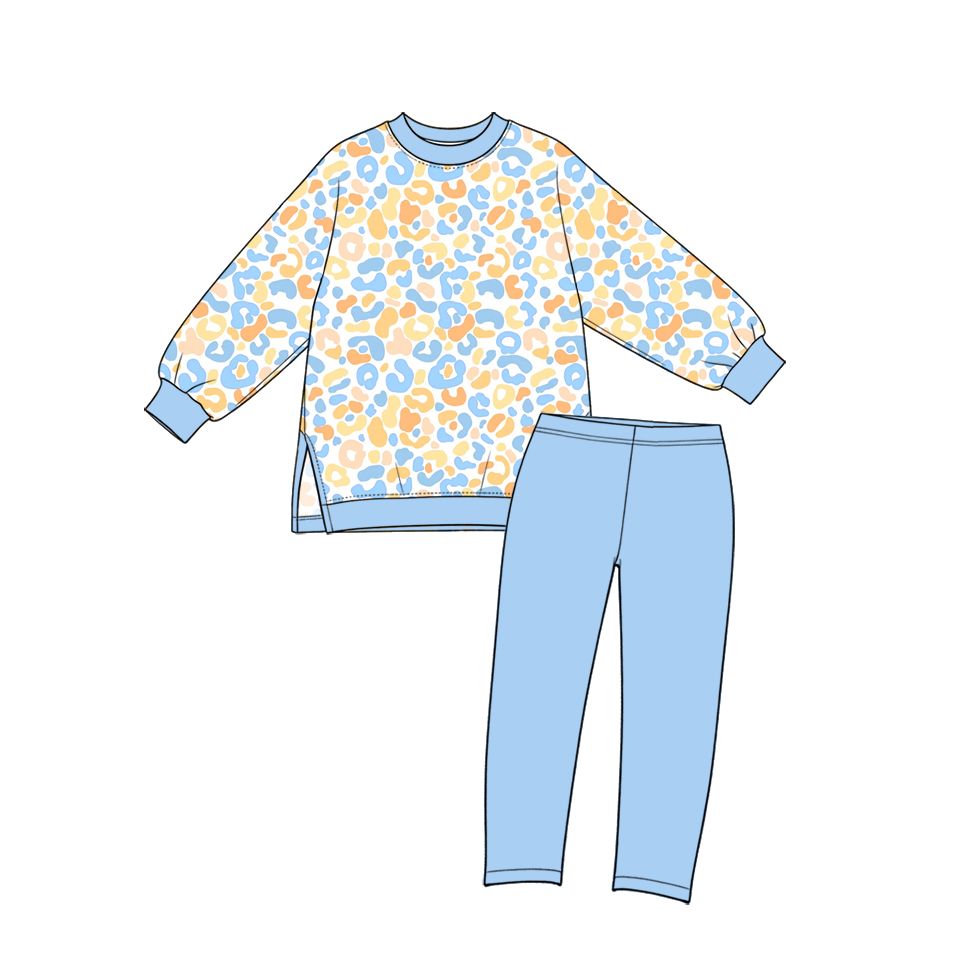( Moq 5 ) Preorder Baby Girls Kids Long Sleeves Leopard Tops Blue Leggings Yoga Active Set Clothes