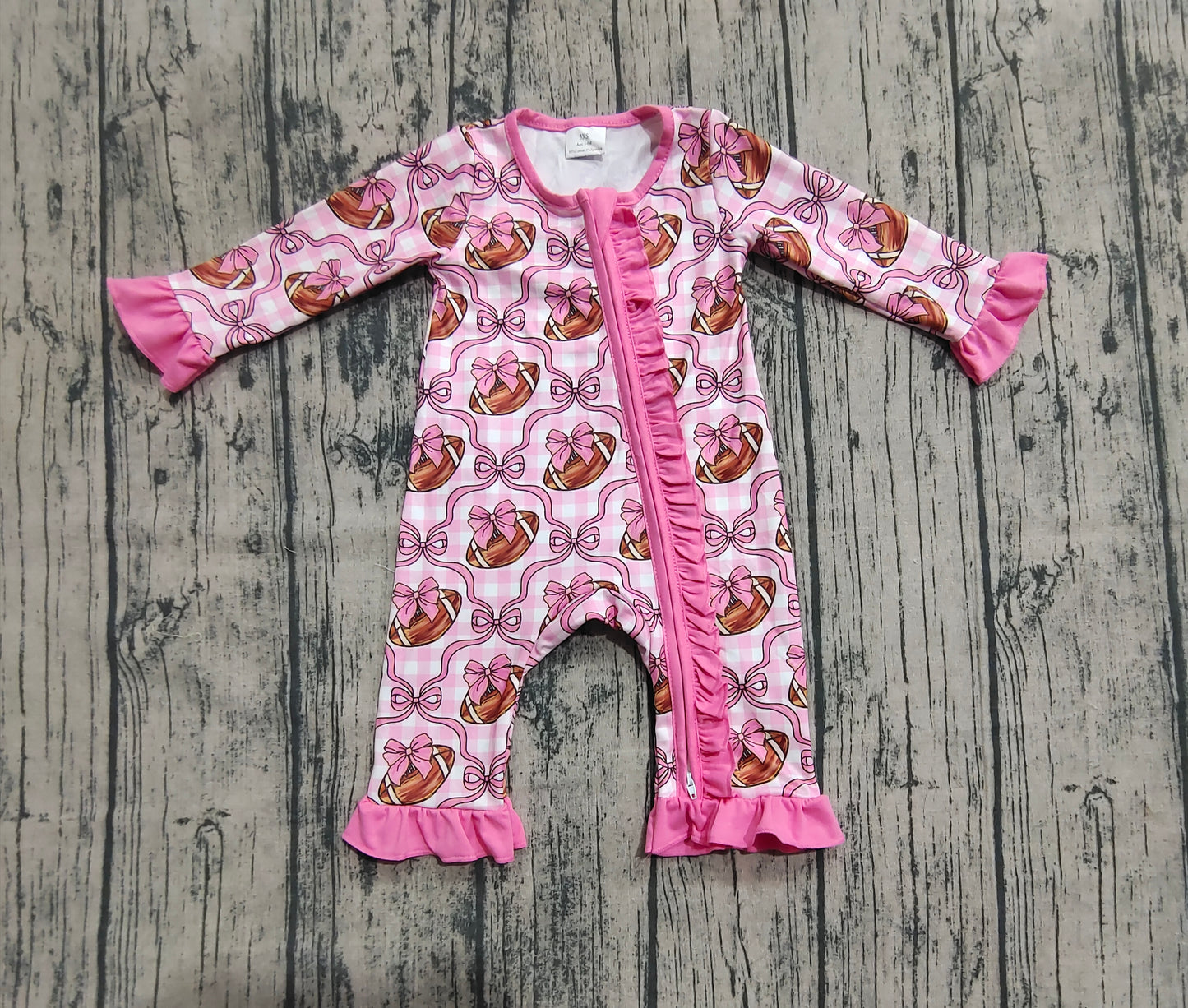 Baby Girl Long Sleeves Football Bows Pink Checked Zipper Romper RTS