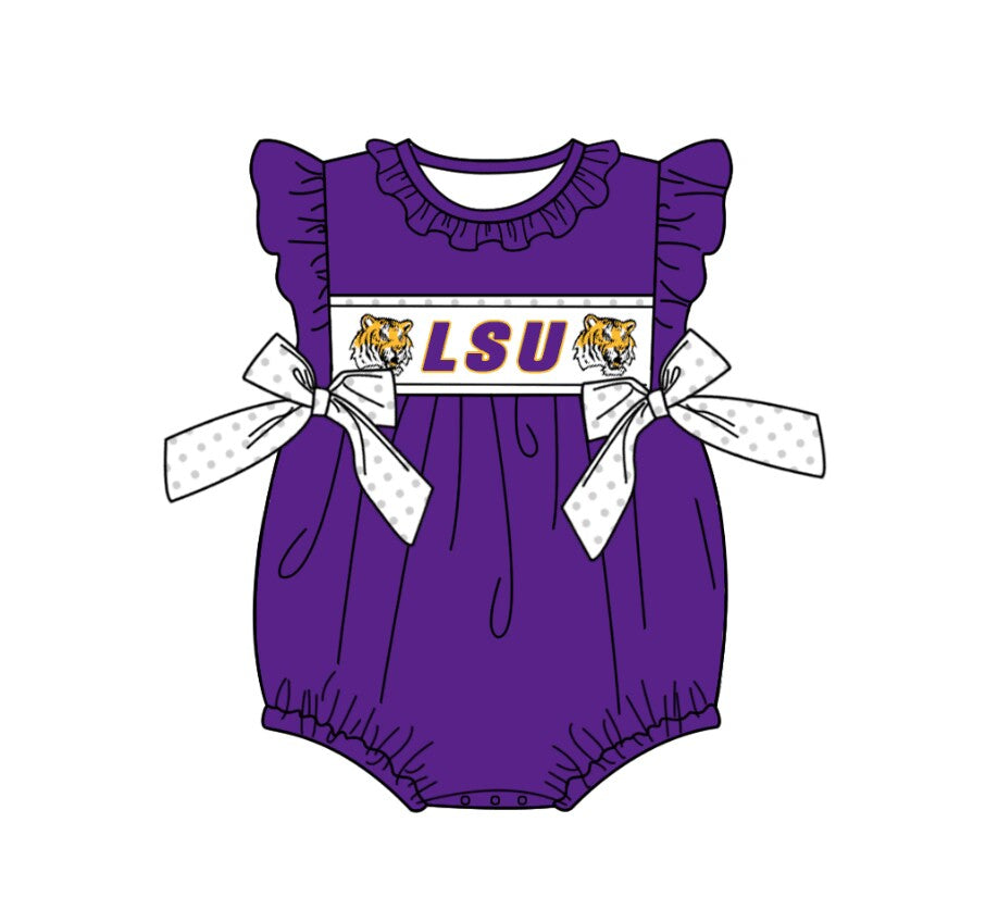 Baby Girl Purple Short Sleeves Tiger Team Ruffle Bubble Romper Moq 5