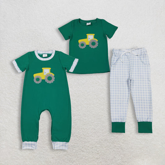 Sibling Baby Boys Kids Short Sleeves Embroidery Tractor Green Farm Romper Set RTS