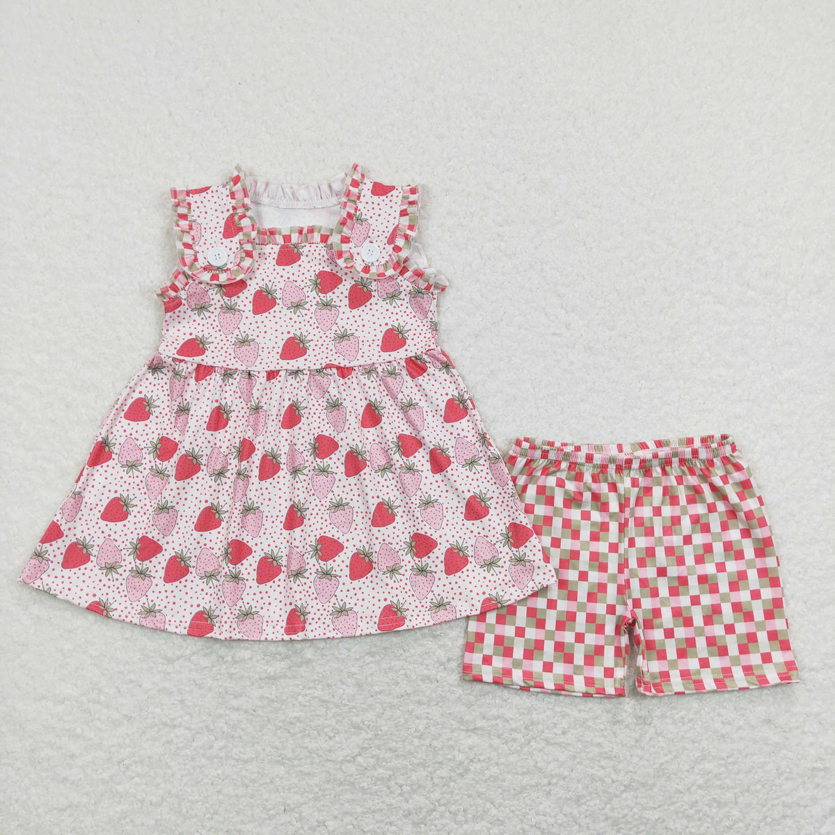 GSSO0499 Baby Girl Strawberry Tunic Checkered Shorts Set
