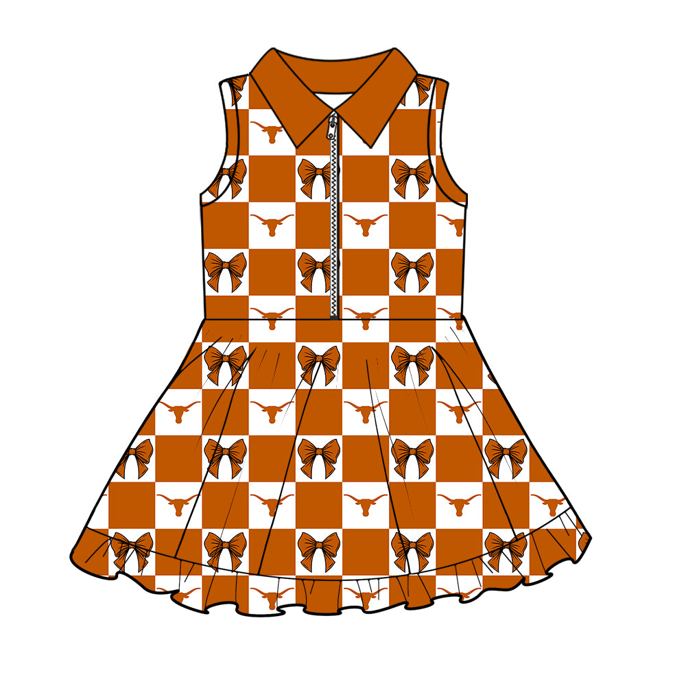 ( Moq 5 ) Baby Girls Kids Cow Bows Checked Team Zipper Shorts Knee Length Dress