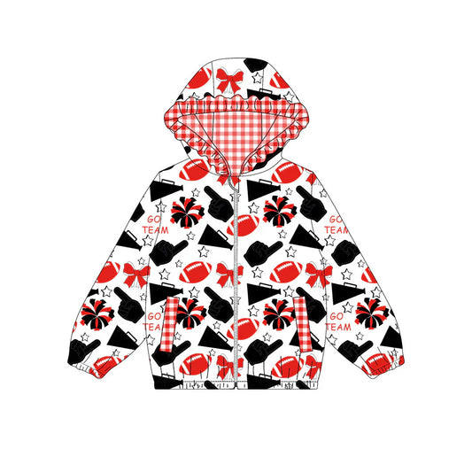 ( Moq 5 ) Baby Girls Kids Bows Cheer Pockets Team Plaid Hoodie Zipper Football Coat Tops