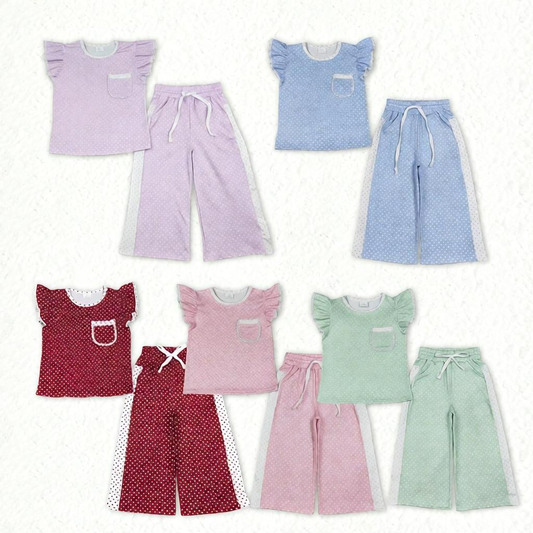 Sibling Baby Girl Kids Short Sleeves Pockets Shirts Dots Pants Sets Clothes RTS