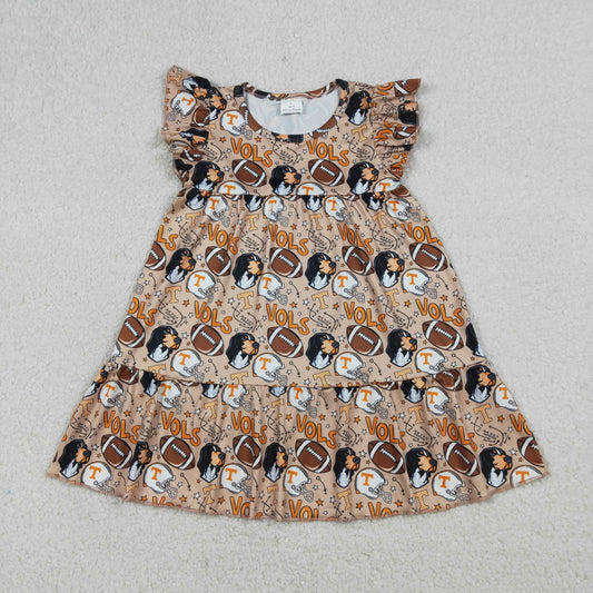 Baby Girls Kids Short Sleeves Dogs Football Team Ruffle Knee Length Dress RTS