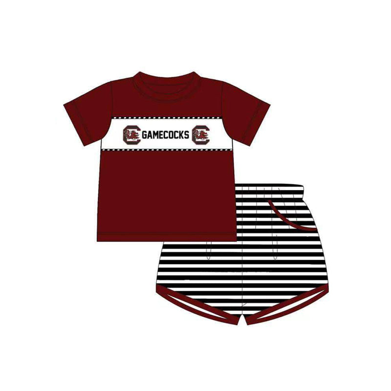Baby Boy Short Sleeves Dark Red Team Shirt Stripe Pockets Short Set ( Moq 5 )