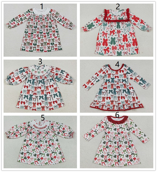 Sibling Baby Girls Green Red Bows Long Sleeves Christmas Knee Length Dresses