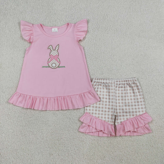 Baby Girls Kids Short Sleeves Embroidery Rabbit Bow Pink Tops Plaid Shorts Easter Set RTS