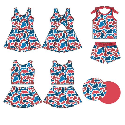 ( Moq 5 Each Style ) Baby Girls Kids Red Blue Camo 4th of July Sibling Dress Sets