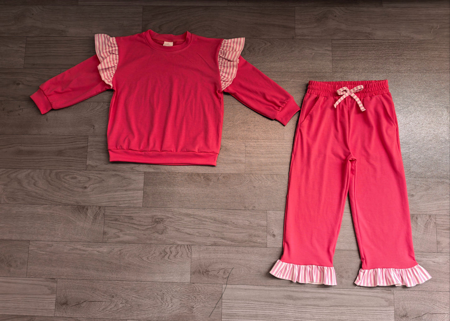 ( No moq ) Preorder Baby Girls Kids Long Sleeves Tops Pockets Pants Cotton Set Hot Pink Clothes