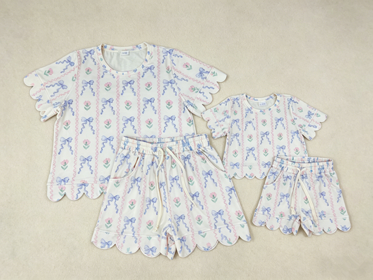 Sibling Baby Girls Adult Women Short Sleeves Flower Shirts Shorts Scallop Sets Summer Clothes RTS