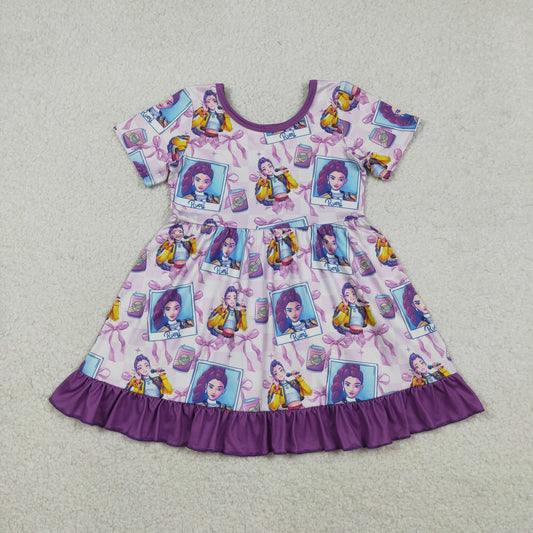 Baby Girls Short Sleeves Singer Characters Purple Bows Ruffle Knee Length Dress RTS