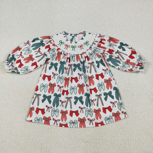 Baby Girl Long Sleeves Christmas Embroidery Bows Knee Length Smocked Dress RTS