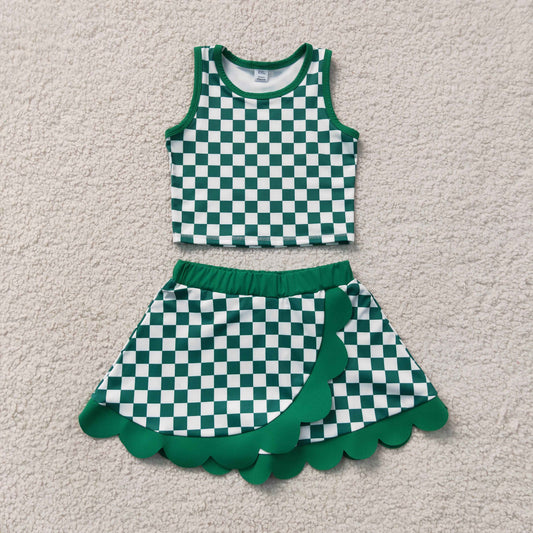 Baby Girls Kids Green Checked Tops Scallop Skirt Shorts Yoga Active Set Clothes RTS