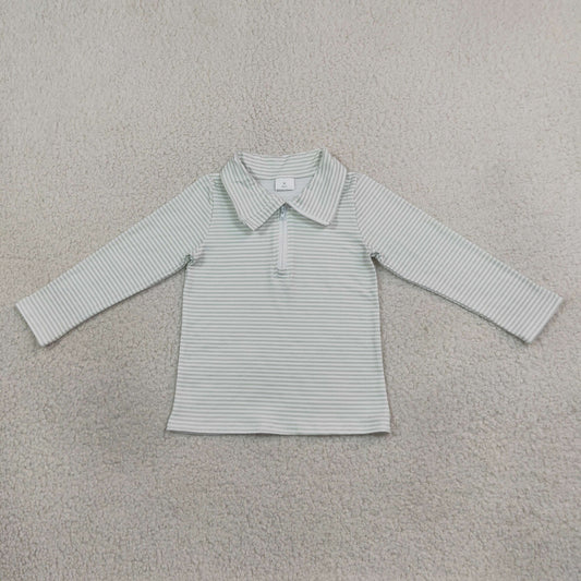 Baby Boy Kids Long Sleeves Green Stripes Zipper Pullover Shirt Clothes RTS