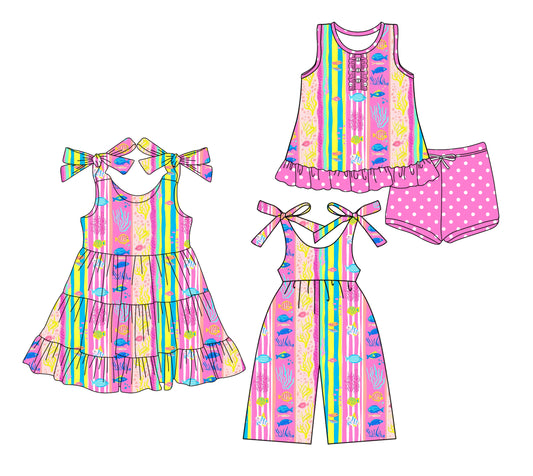 ( Moq 5 Each Style ) Sibling Baby Girls Kids Fish Stripes Dress Jumpsuit Set Clothes