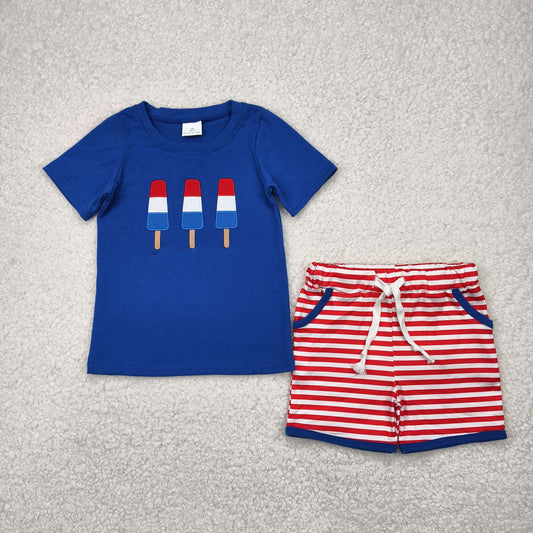 Baby Boy July 4th Embroidery Popstick Shirt Pockets Stripes Shorts Clothes Set RTS