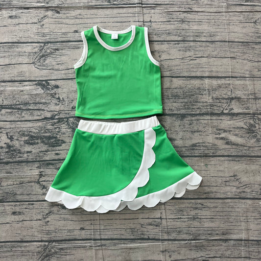 ( No moq ) Preorder Baby Girls Kids Shirt Scallop Skirt Shorts Yoga Active Green Set Clothes