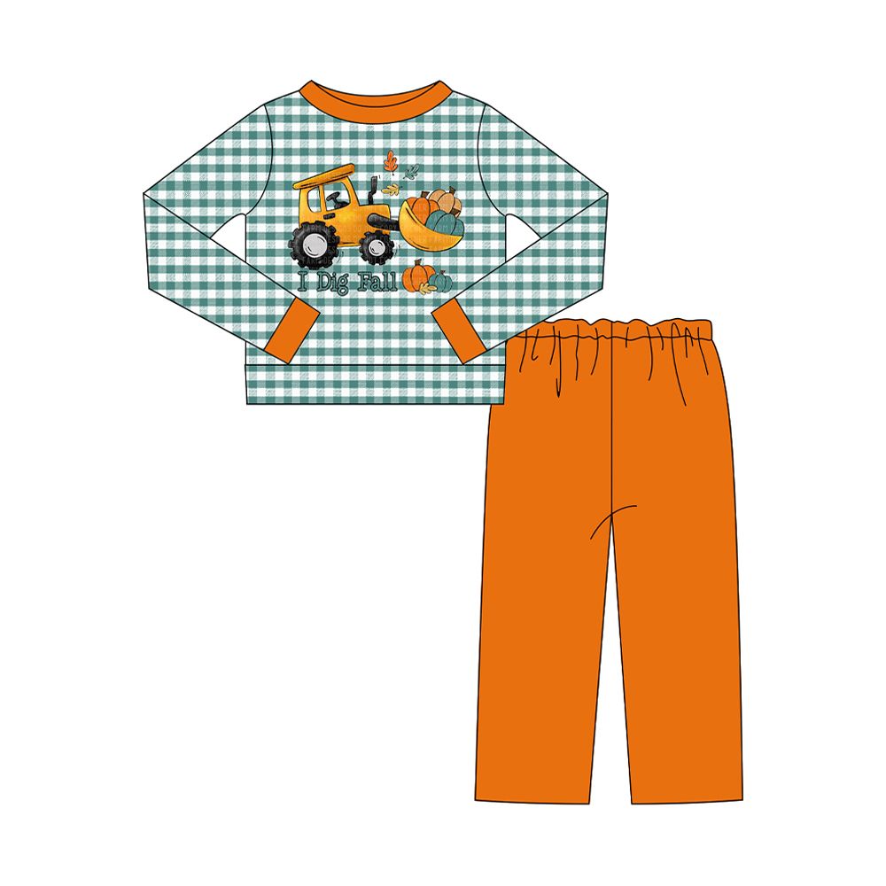 ( Moq 5 ) Preorder Baby Boys Kids Long Sleeves Pumpkins Tractor Shirt Orange Pants Set Fall Clothes