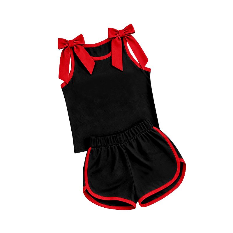 ( Moq 5 ) Preorder Baby Girls Kids Red Bows Shirt Shorts Black Set Summer Clothes