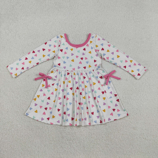 Baby Girls Long Sleeves Hearts Pockets Valentine Knee Length Dress RTS