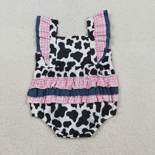 Baby Girls Kids Short Sleeves Bows Cow Print Western Bubble Romper RTS