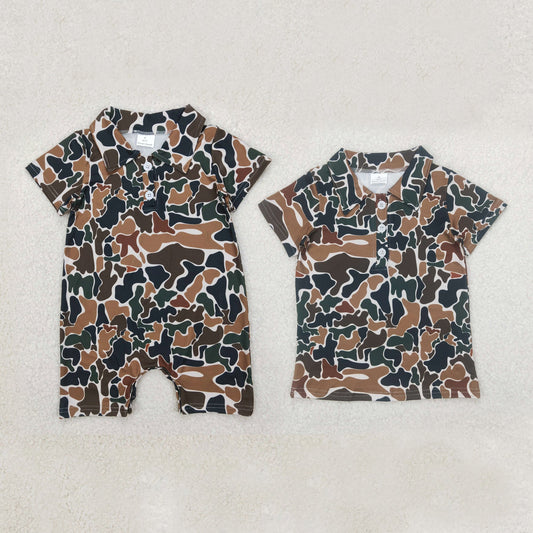 Baby Boy Short Sleeves Dark Brown Camo Buttons Shirt Sibling Tops Romper RTS