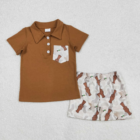 Baby Boy Short Sleeves Pocket Brown Buttons Shirt\ Duck Call Camo Shorts Clothes Set RTS