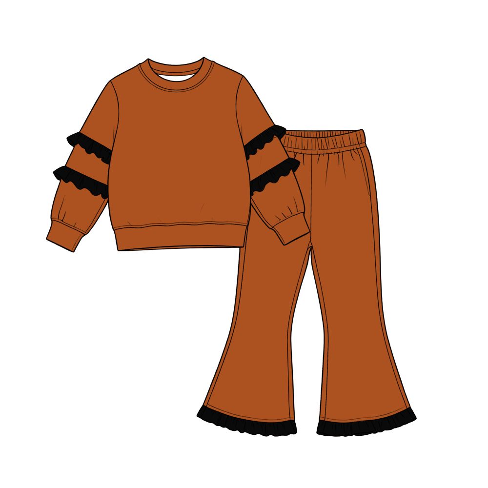 ( Moq 5 ) Preorder Baby Girls Kids Black Ruffle Long Sleeves Shirt Bell Pants Set Cotton Clothes