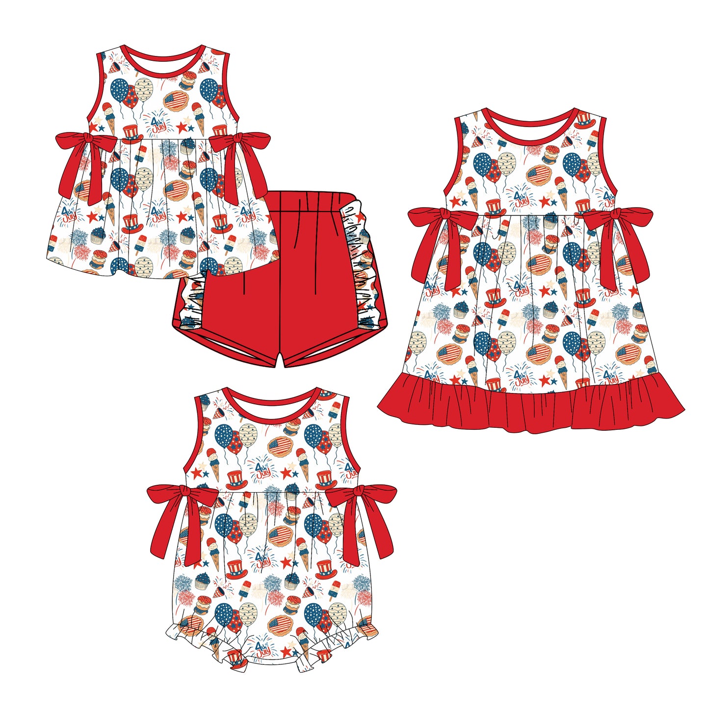 ( Moq 5 Each Style ) Baby Girls Kids Balloons Sibling 4th of July Romper Dress Set