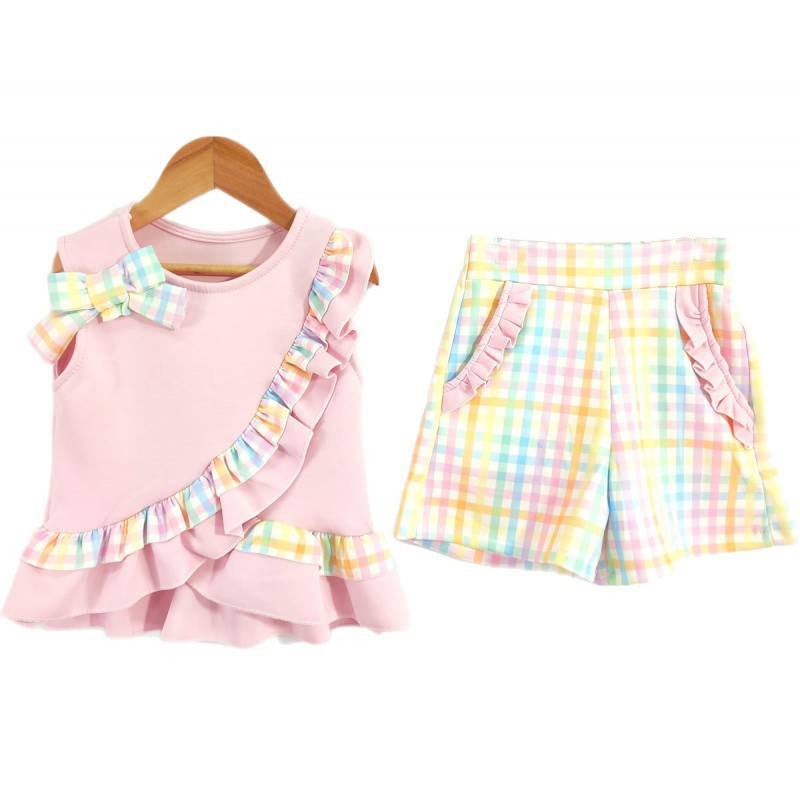 ( Moq 5 ) Preorder Baby Girls Kids Bows Ruffle Pink Tops Plaid Pockets Shorts Set Summer Clothes