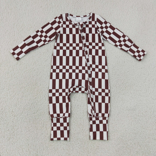 Baby Boys Kids Long Sleeves Brown White Plaid Zipper Footie Sleeper Romper Clothes RTS