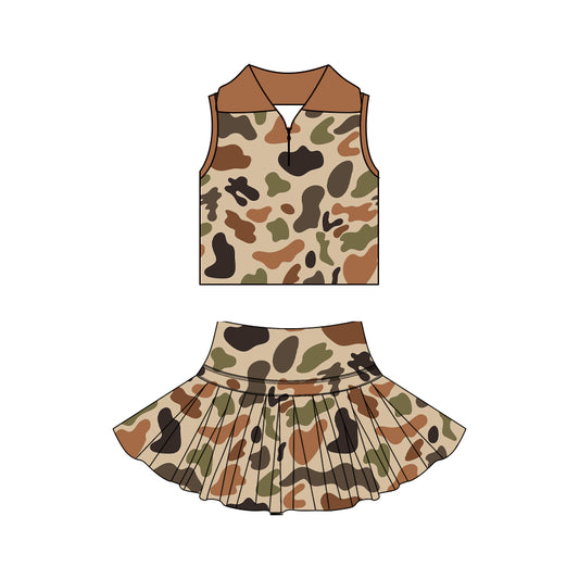 ( Moq 5 ) Preorder Baby Girls Kids Sleeveless Zipper Camo Shirt Skirt Shorts Yoga Brown Set