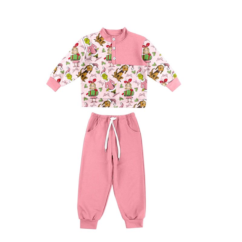 ( Moq 5 ) Preorder Baby Girls Kids Christmas Green Face Bows Buttons Shirt Pockets Pants Set Clothes