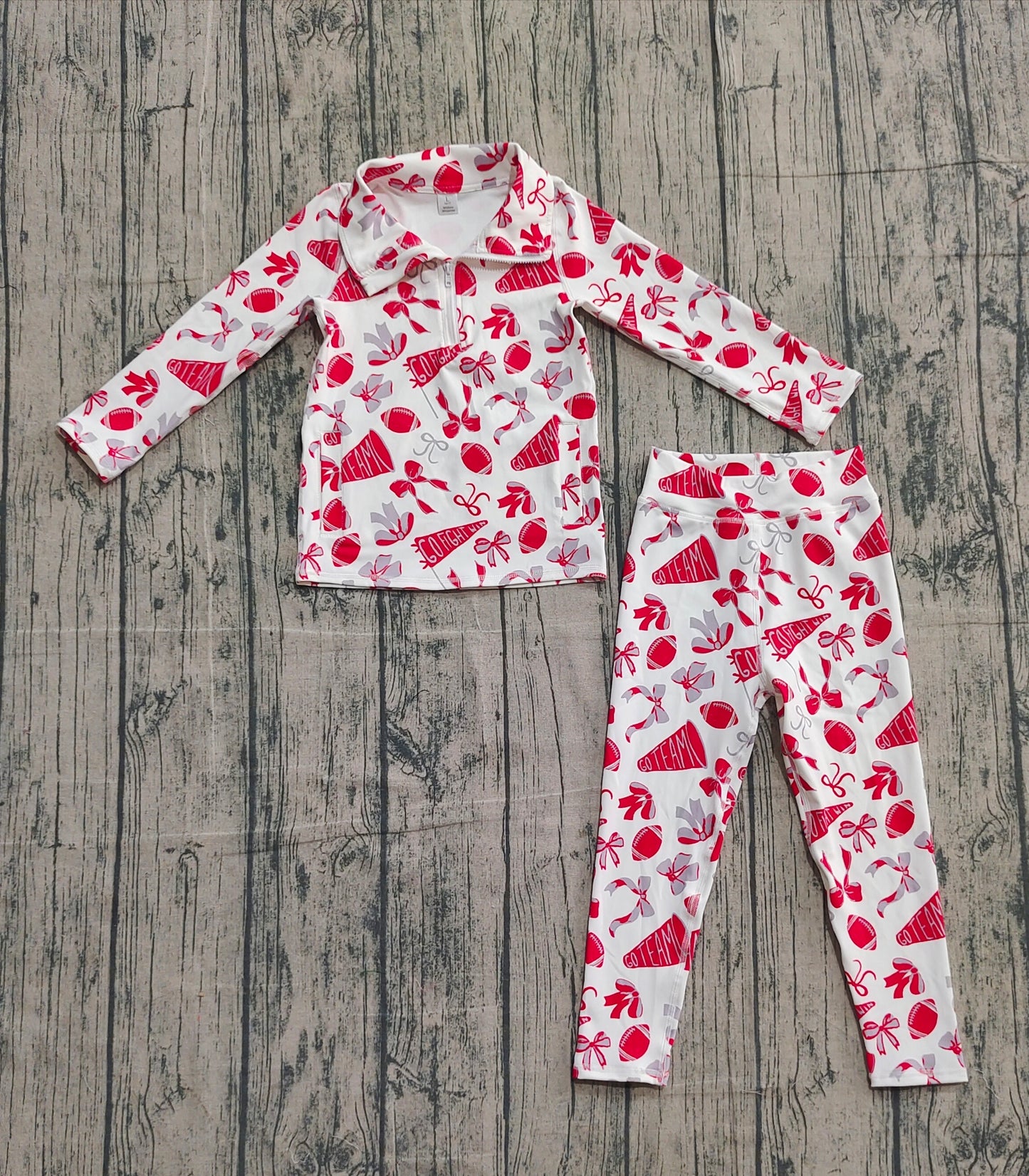 Kids Girls Red Grey Bows Pockets Zipper Shirt Pants Yoga Football Cheer Set RTS