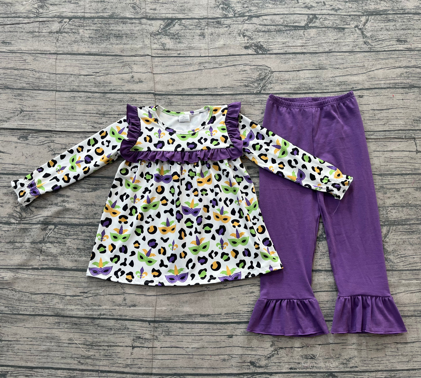 Baby Girls Kids Masks Leopard Ruffle Tunic Purple Pants Mardi Gras Clothes Set RTS
