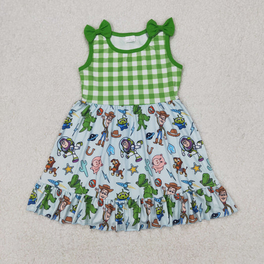 Baby Girl Straps Green Checkered Toys Bows Knee Length Dress RTS