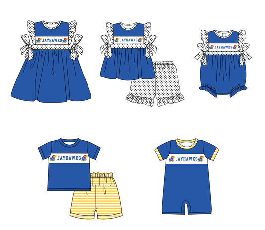 ( Moq 5 Each Style ) Baby Boys Girls Short Sleeves Team Sibling Blue Romper Dress Set