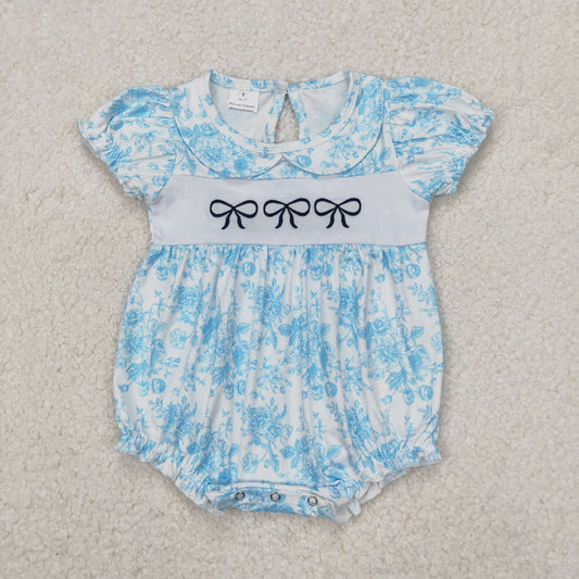Baby Girl Infant Blue Flower Embroidery Bows Bubble Romper RTS