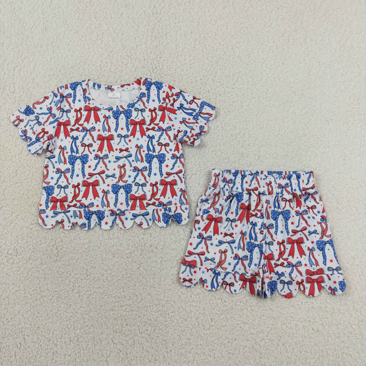 Baby Girls Toddler Bows Stars Shirt Scallop Pockets Shorts 4th of July Set Clothes RTS