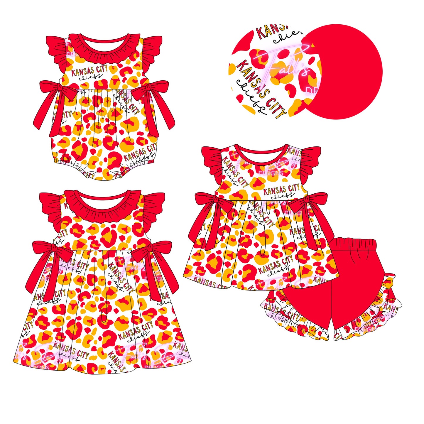 Baby Girl Short Sleeves Leopard Bows Team Sibling Romper Dress Set ( Moq 5 Each Style )
