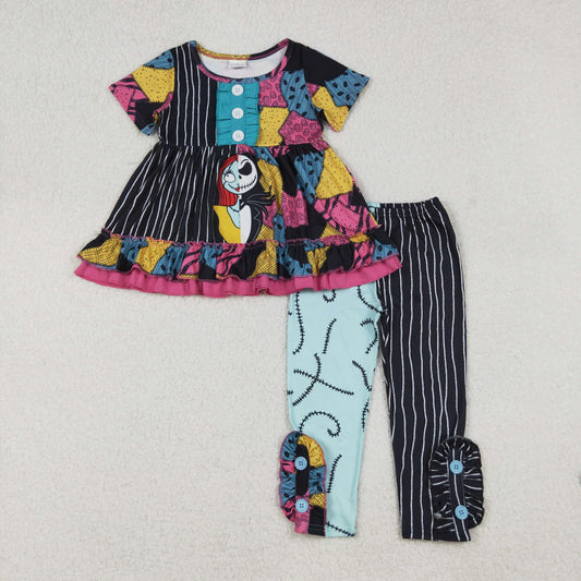 Baby Girl Short Sleeves Cartoon Ghost Tunic Pants Halloween Clothes Set RTS