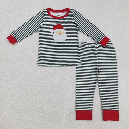 Baby Boy Long Sleeves Green Stripes Embroidery Santa Shirt Pants Pajamas Christmas Set RTS