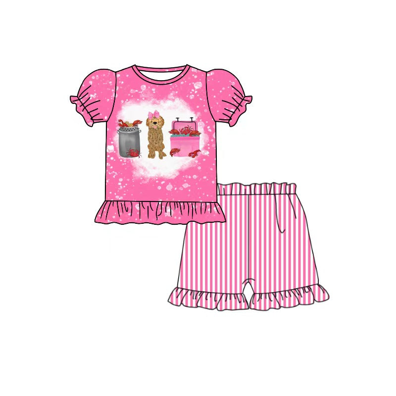 ( Moq 5 ) Preorder Baby Girls Kids Dog Crawfish Shirt Pink Stripes Shorts Set Summer Clothes