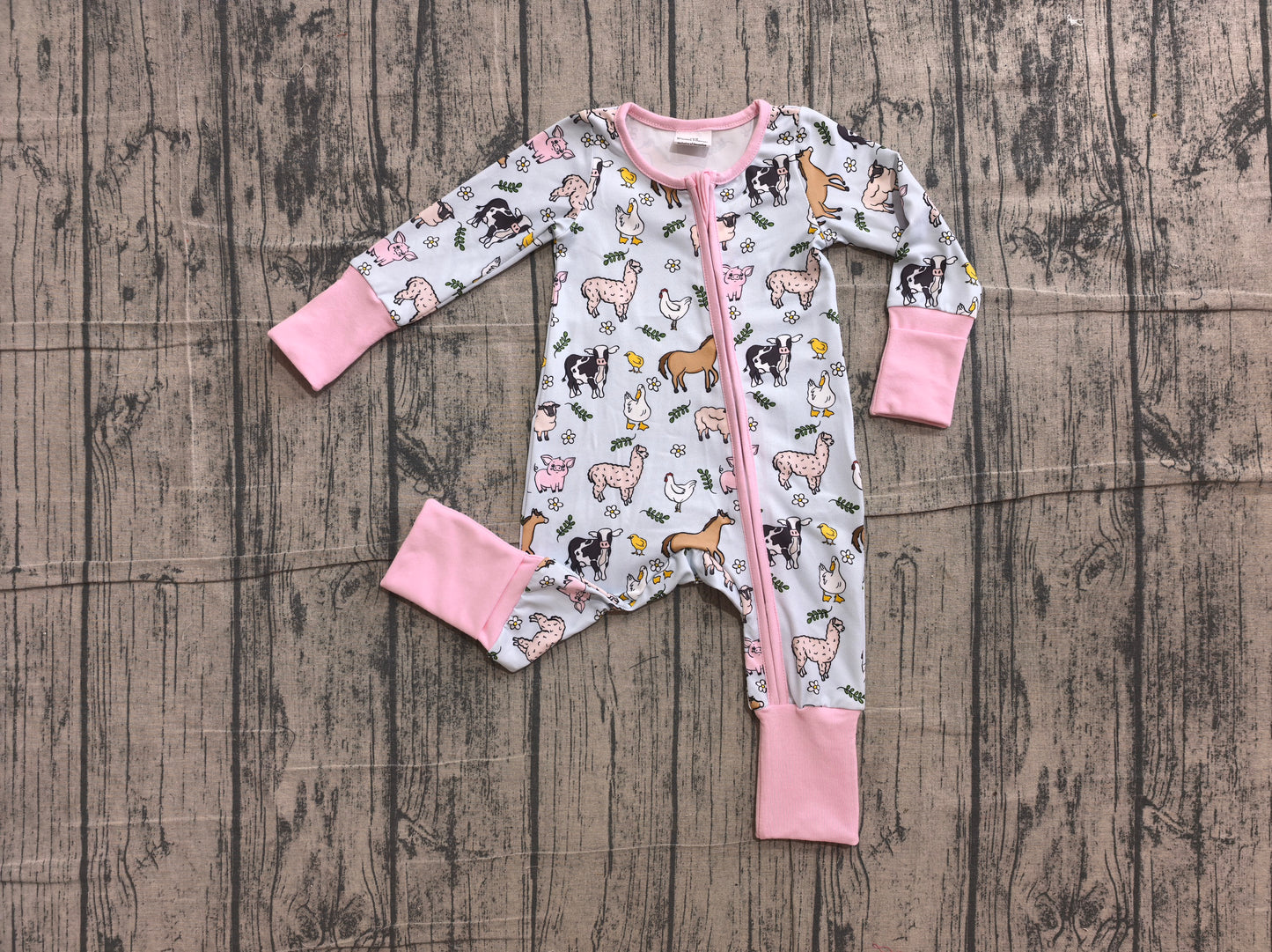 ( No moq ) Preorder Baby Girl Long Sleeves Farm Animals Flower Zipper Pajamas Romper