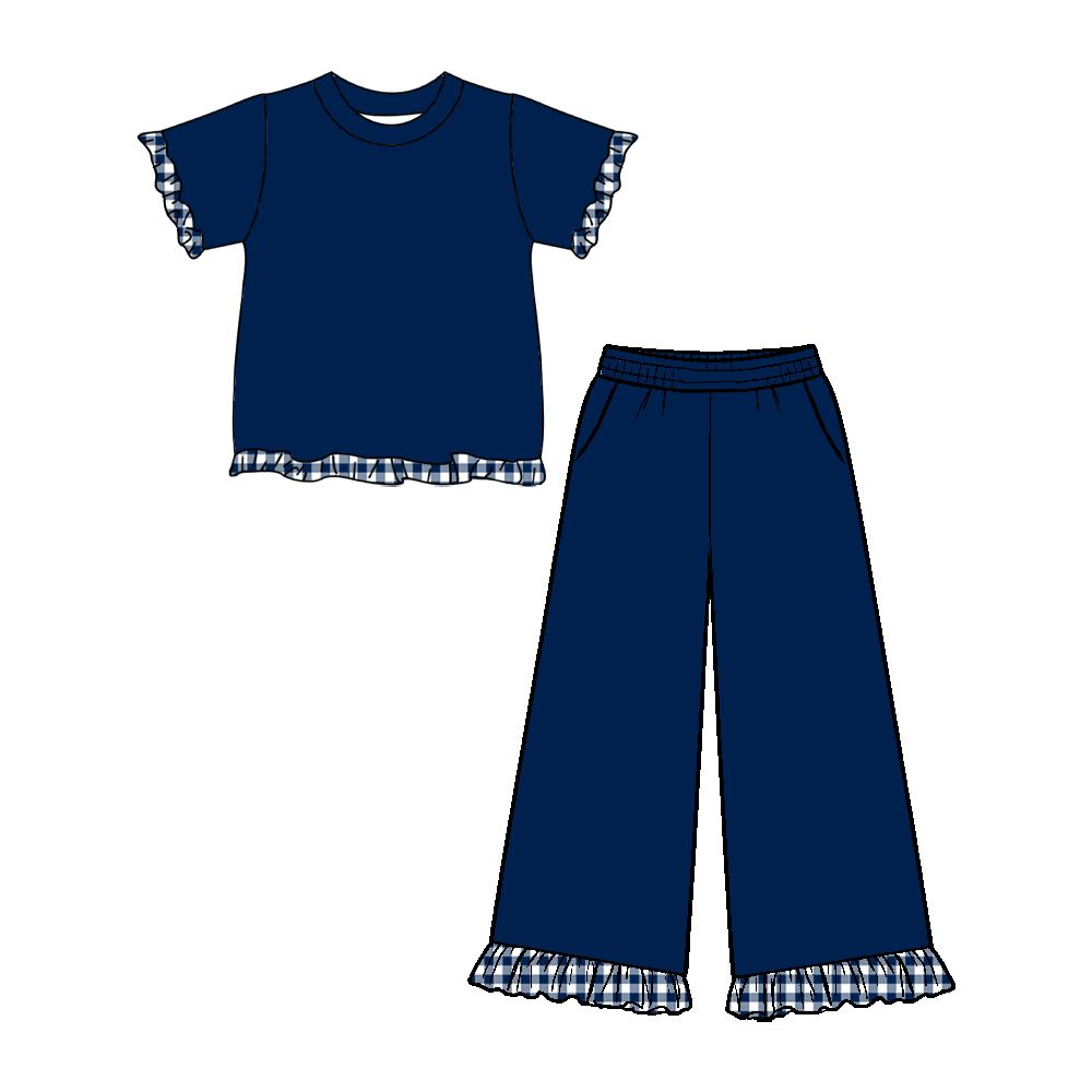 ( Moq 5 ) Preorder Baby Girls Kids Short Sleeves Plaid Ruffle Shirt Pockets Pants Navy Set Cotton Clothes