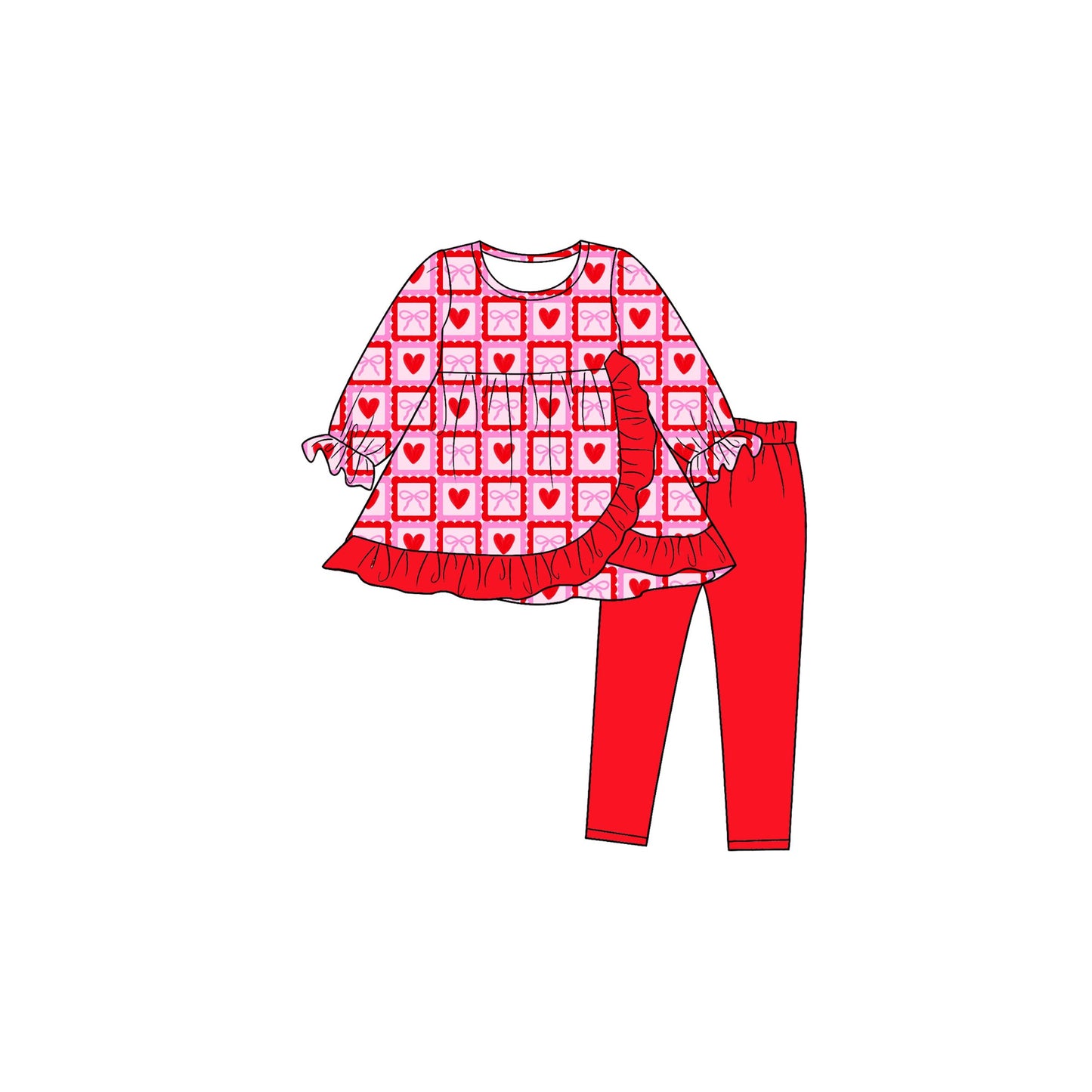 ( Moq 5 ) Preorder Baby Girls Kids Long Sleeves Hearts Bows Ruffle Tunic Pants Set Valentine Clothes